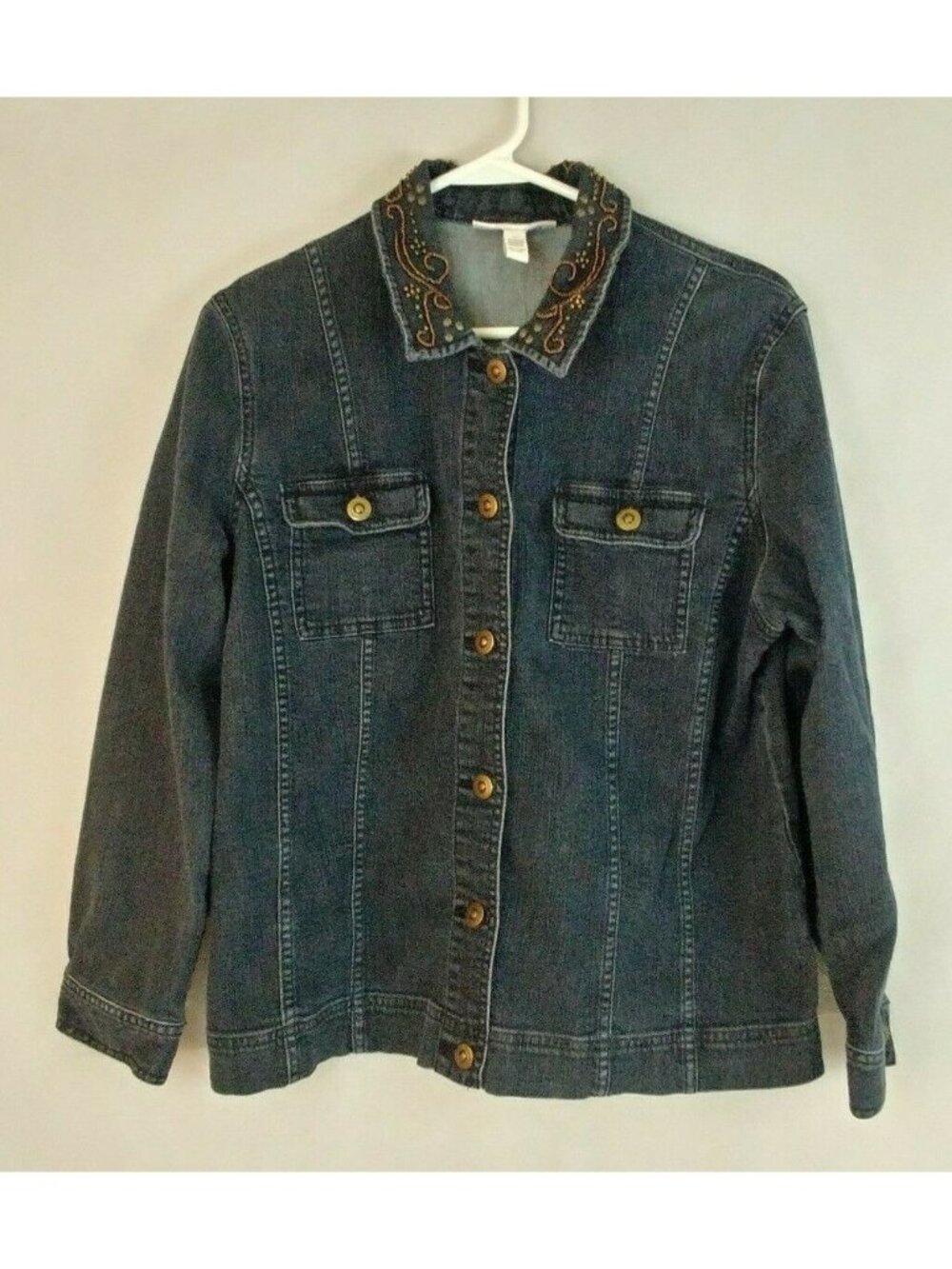 JM Collection Blue Jean Jacket With Beaded Embellished Collar Size 12
